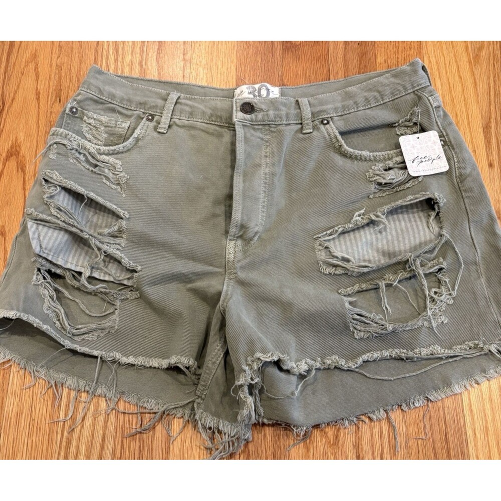 Free People Womens Shorts Size 30 Green Distressed Denim Cut Offs Button Fly NWT